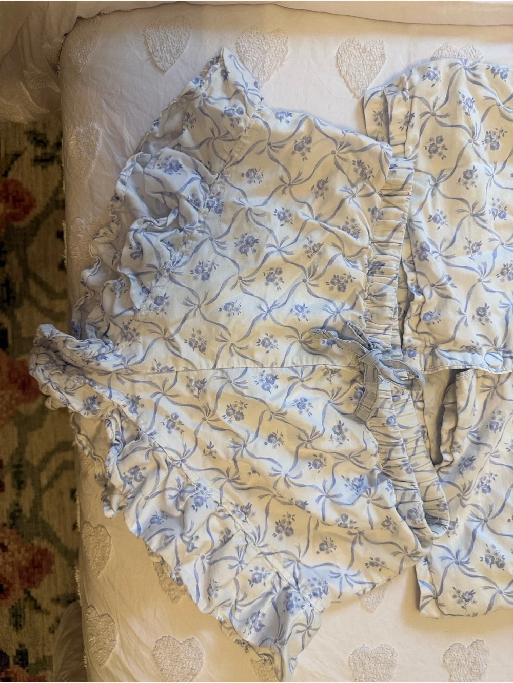 LoveShackFancy White and Light Blue Floral Two-Piece Pajama Set - Picture 2 of 7